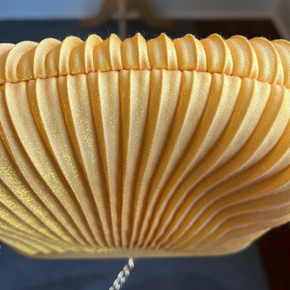 Sasha Gold Satin Pleated small purse w/Gold chain shoulder strap 7.5”W X 5.5”H - Picture 12 of 12